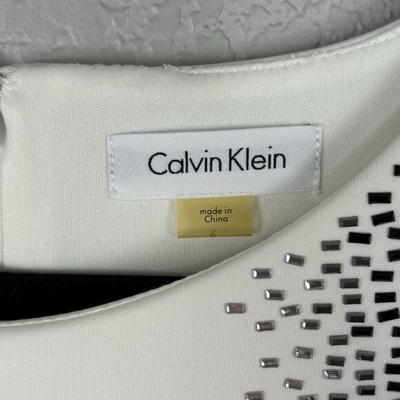 Calvin Klein Sheath Midi Scuba Dress Embellished Ivory Crystal Sleeveless Size 6 - Picture 4 of 4